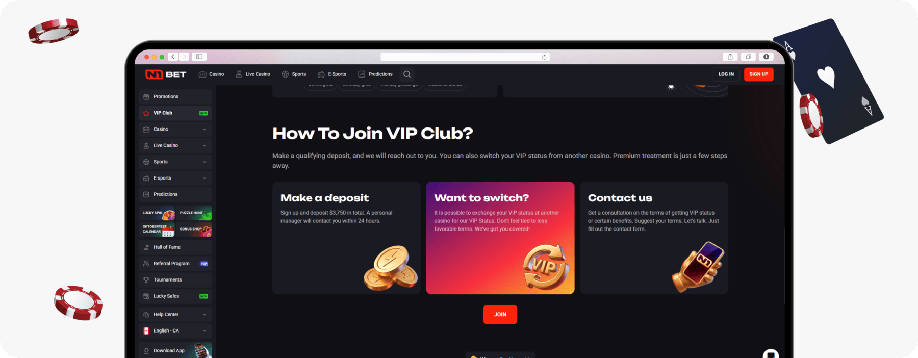 screenshot of n1bet canada vip club info page