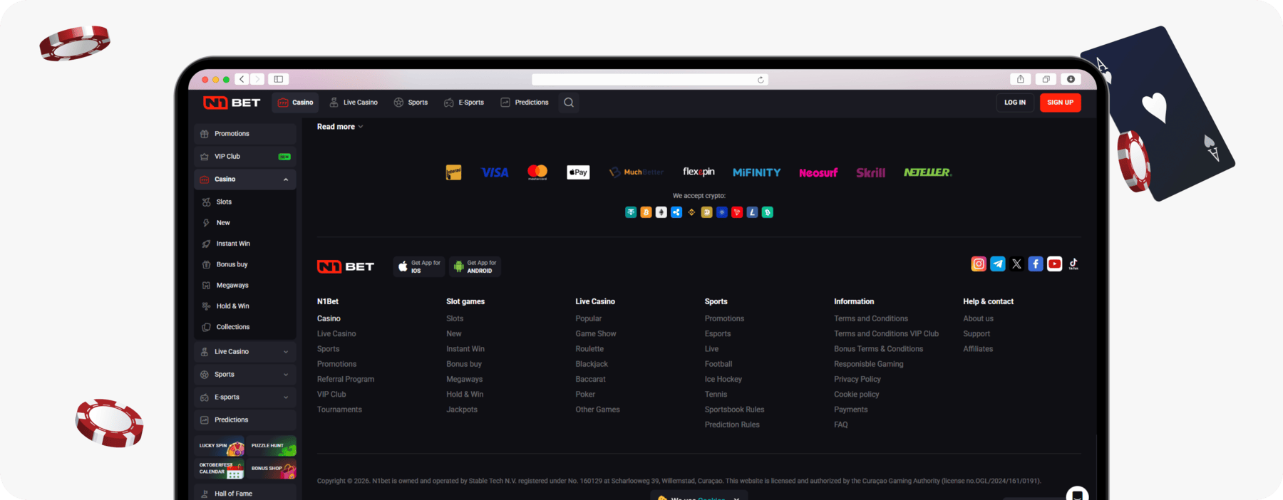 screenshot of n1bet canada website footer