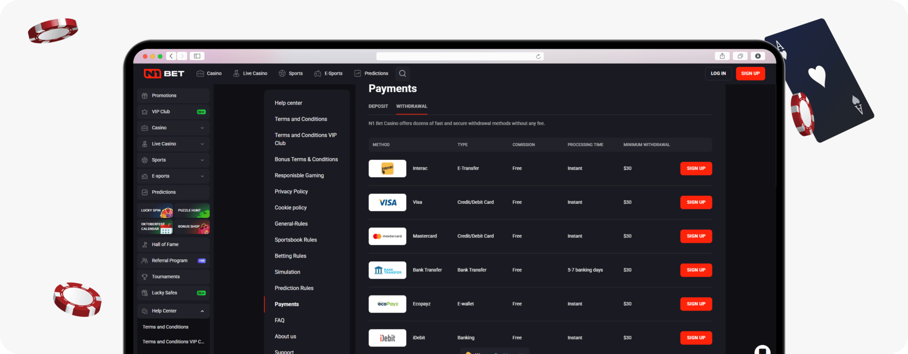 screenshot of n1bet canada withdrawal methods page