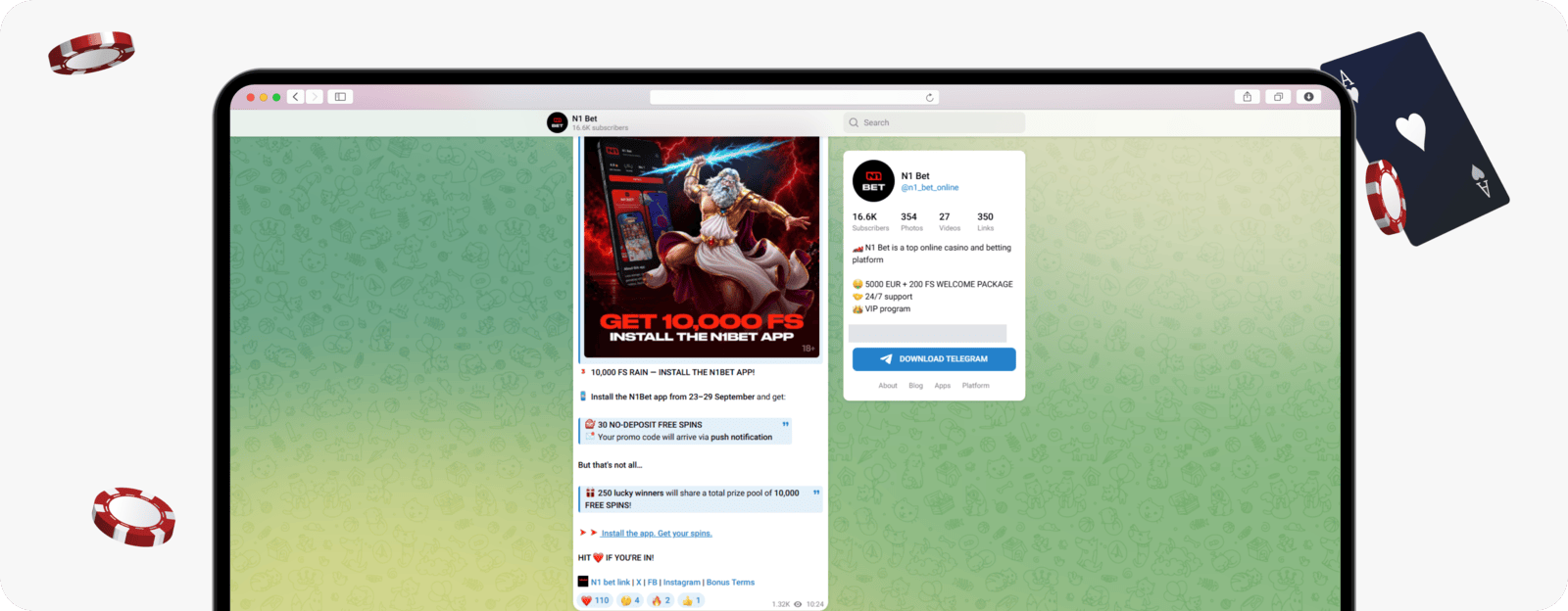 screeshot of n1bet telegram channel showing no deposit app bonus