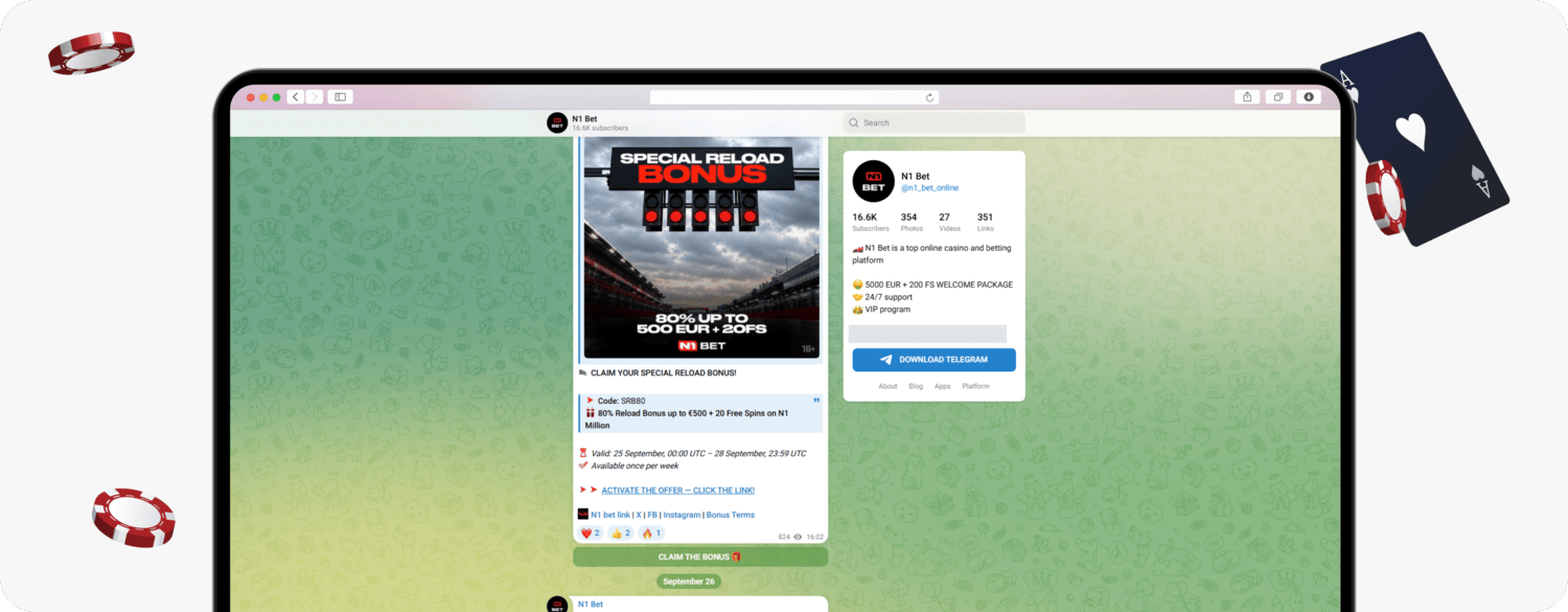 screenshot of n1bet telegram channel showing special reload bonus