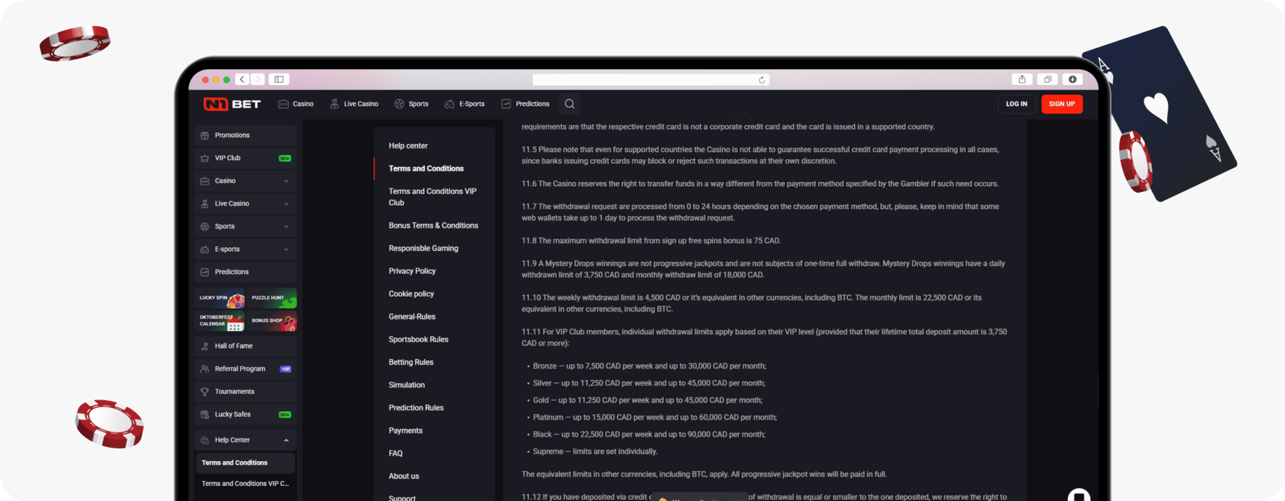 screenshot of n1bet terms including withdrawal limit information
