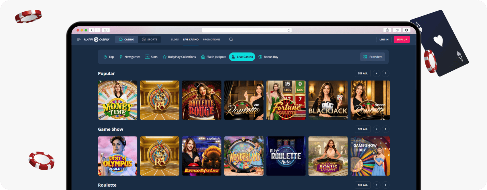 screenshot of platin live casino lobby