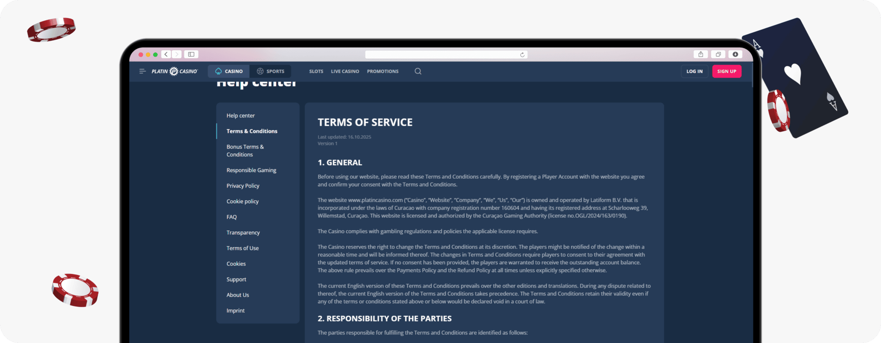 screenshot of platin terms of service