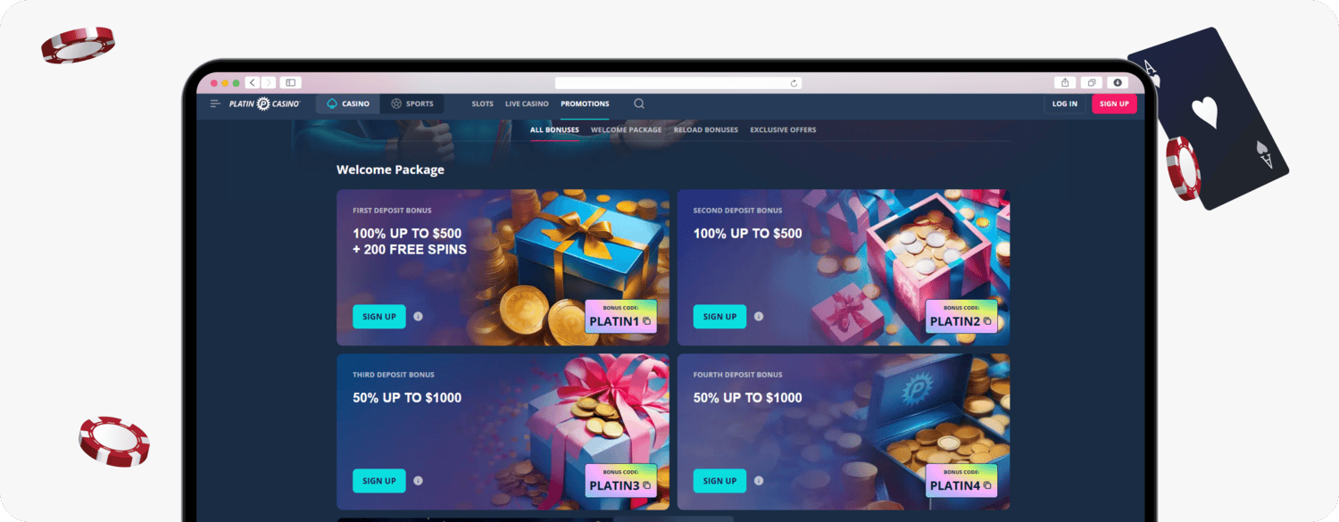 screenshot of platin welcome package bonus codes