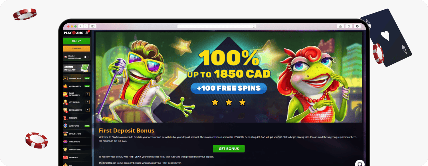 screenshot of playamo canada first deposit bonus