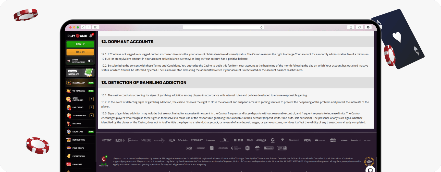 screenshot of playamo detection of gambling addiction details