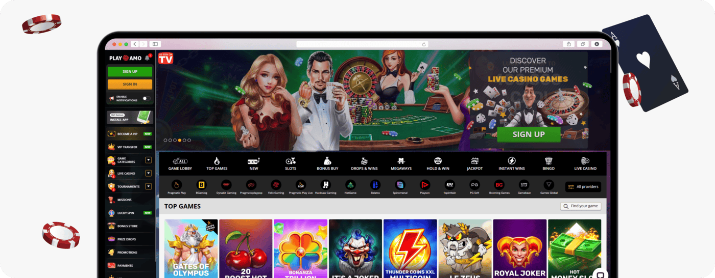 screenshot of playamo homepage with app panel