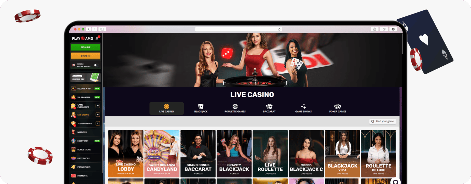 screenshot of playamo live casino lobby