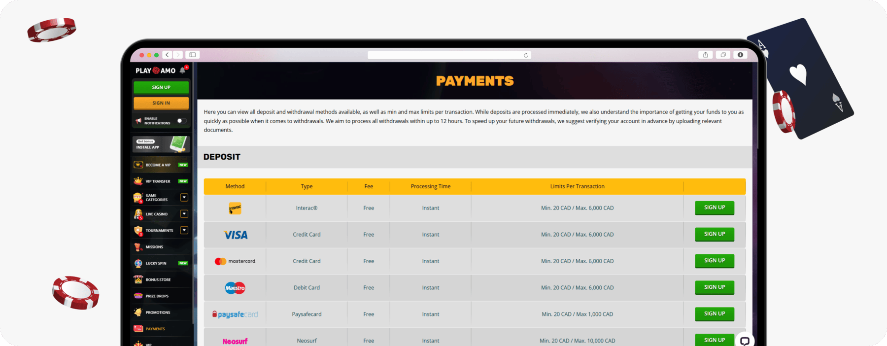 screenshot of playamo payment methods page