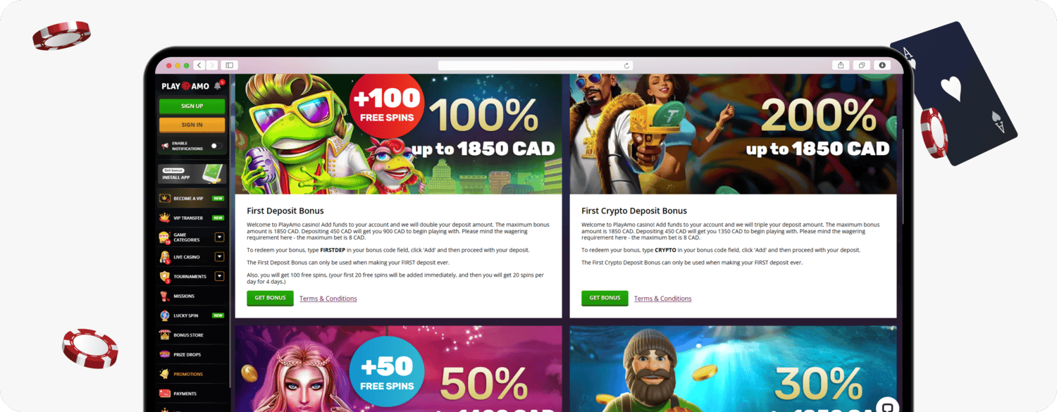 screenshot of playamo promotions page