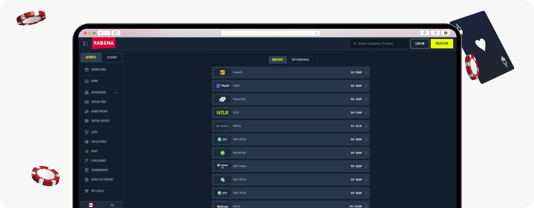 screenshot of rabona deposit methods