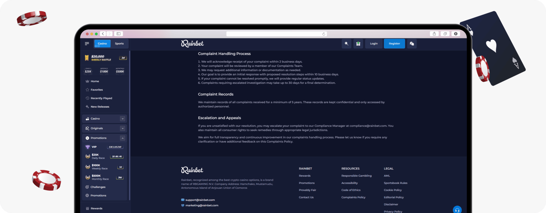 screenshot of rainbet complaints policy