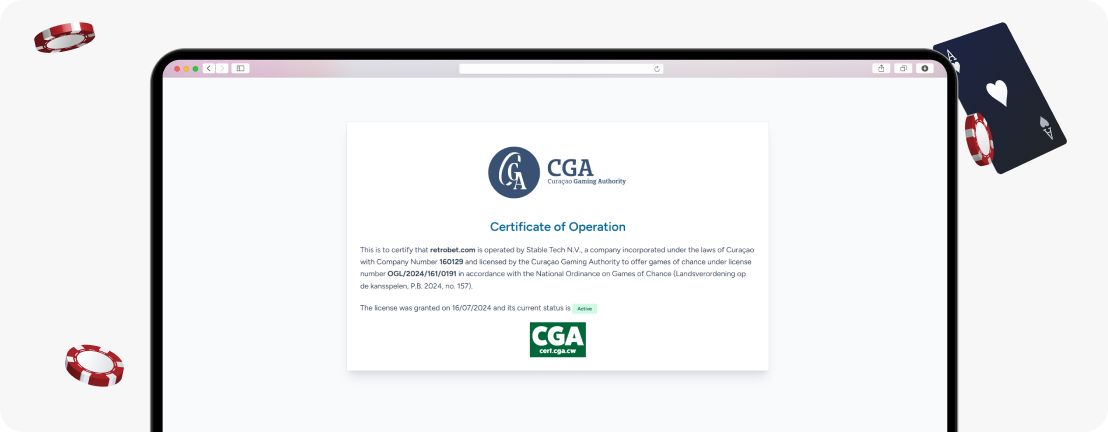 Curacao Gaming Authority certificate for RetroBet, Active
