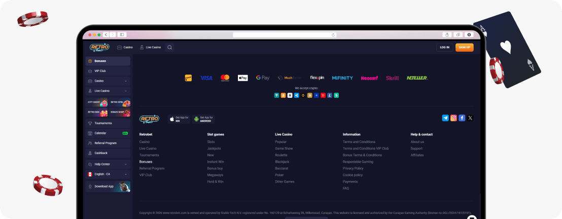 RetroBet footer, Stable Tech N.V. licence line