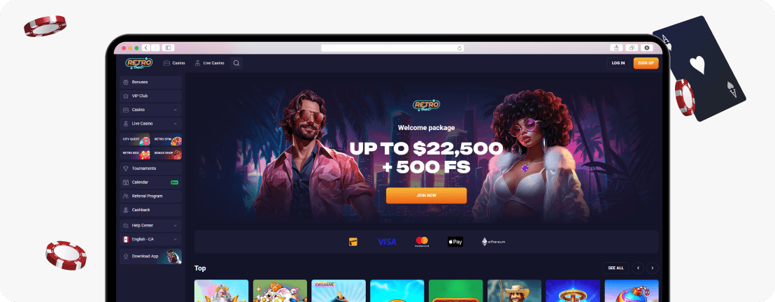 RetroBet homepage, up to $22,500 + 500 FS