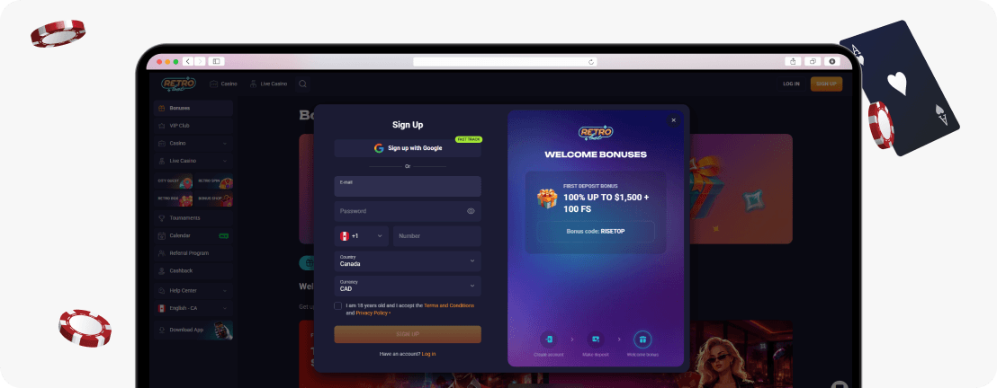 RetroBet sign-up form with Canada and CAD