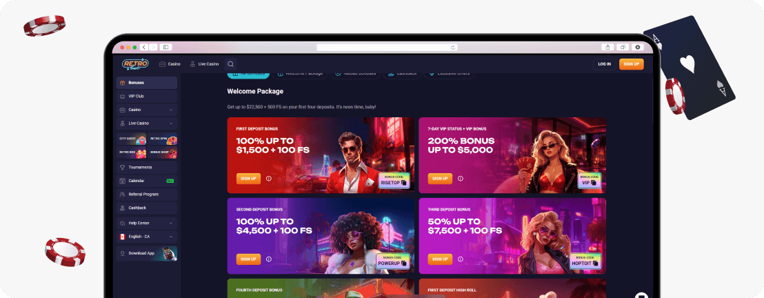  RetroBet welcome package cards with codes 