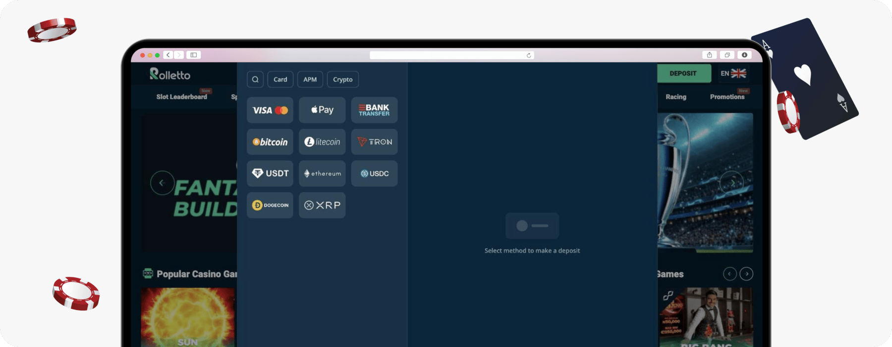 screenshot of rolletto deposit methods