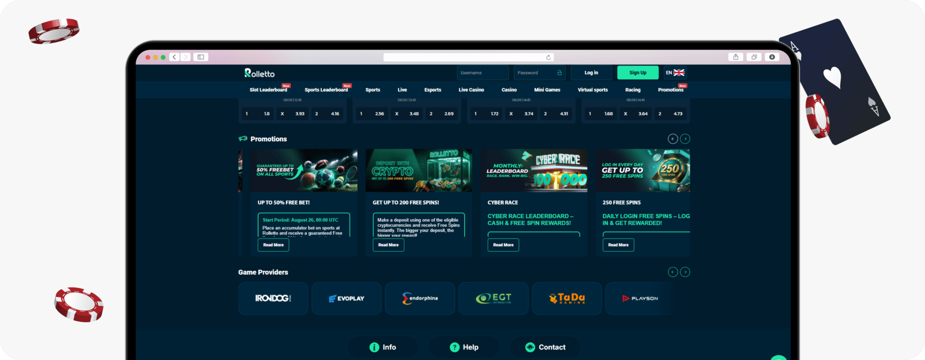 screenshot of rolletto homepage promotions carousel