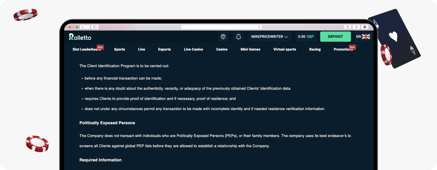 screenshot of rolletto kyc policy