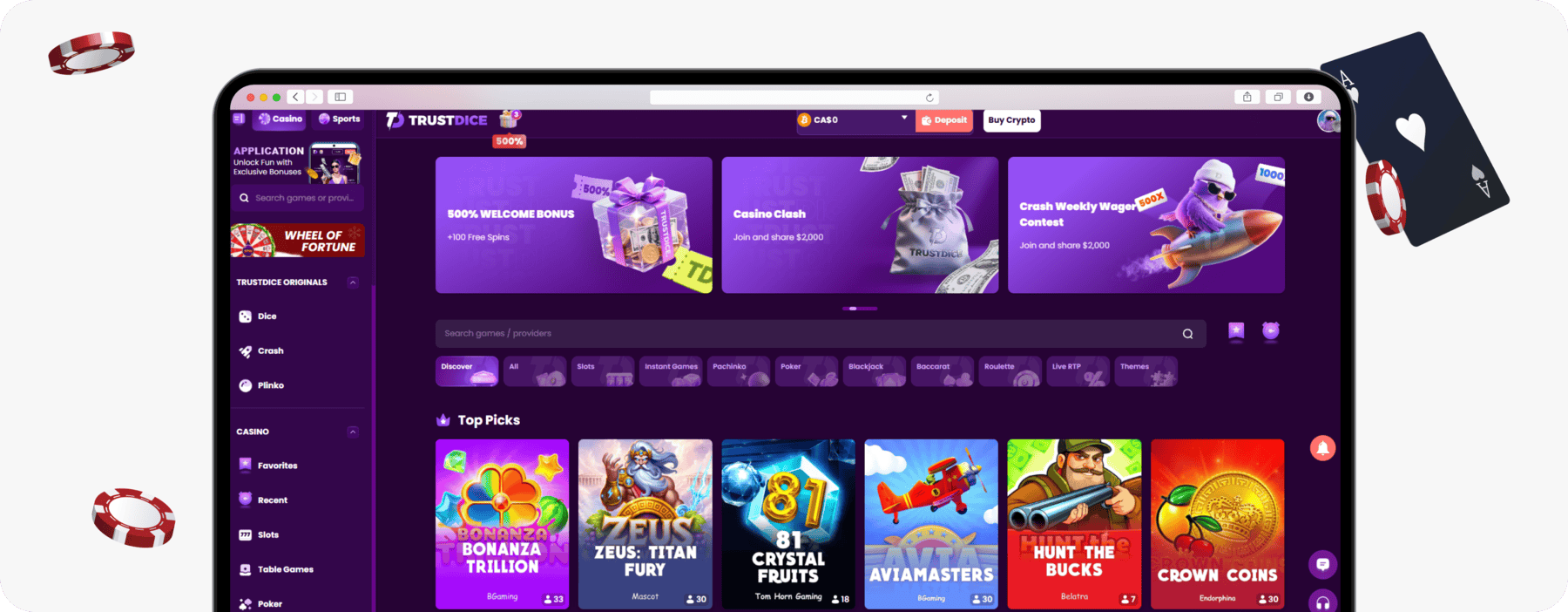 screenshot of trustdice casino lobby with deposit option