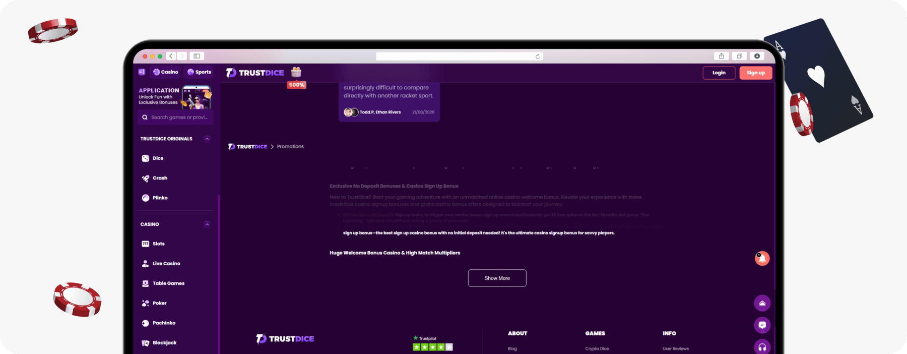 screenshot of trustdice promotions page including no deposit bonuses