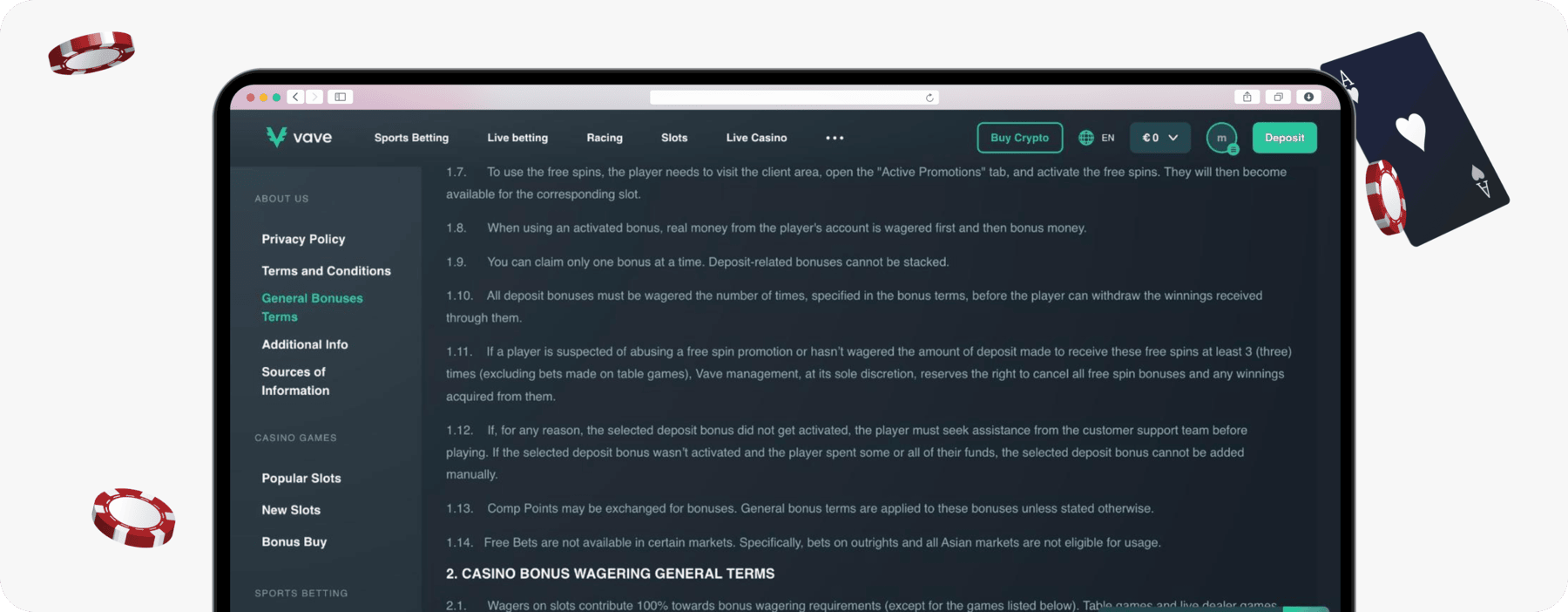 screenshot of vave bonus terms