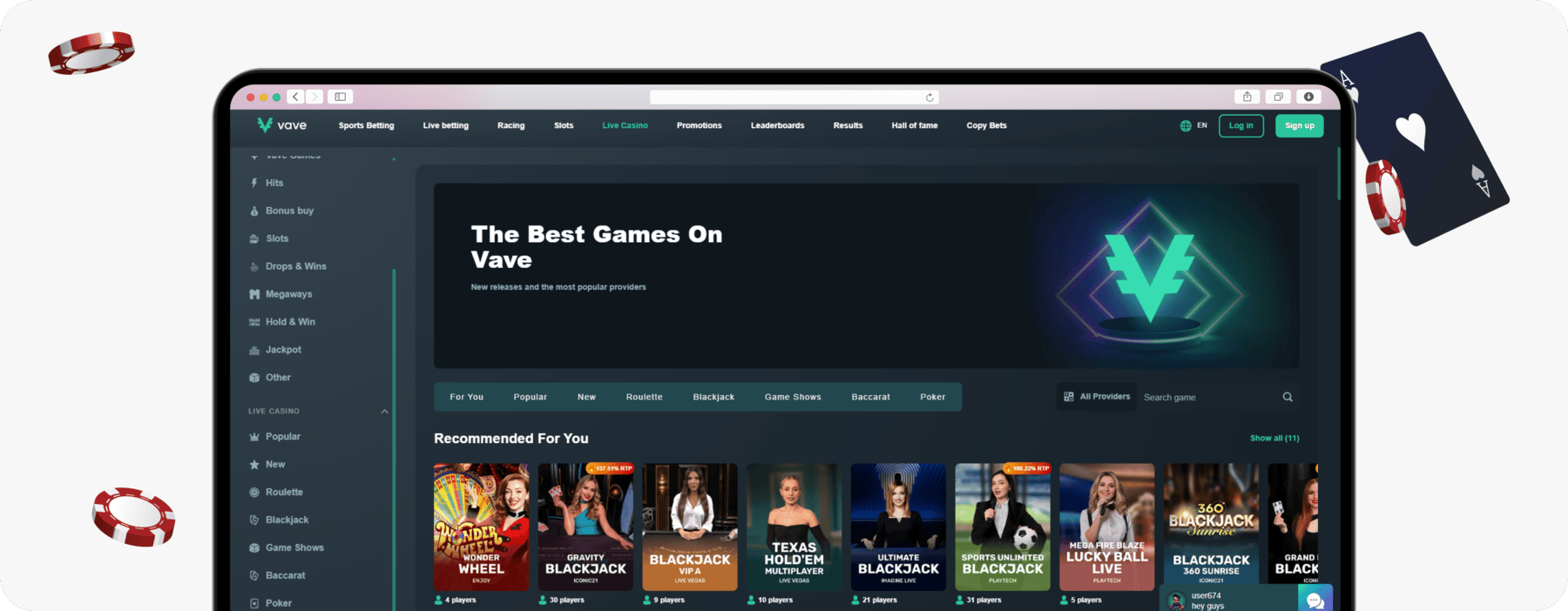 screenshot of vave live casino lobby