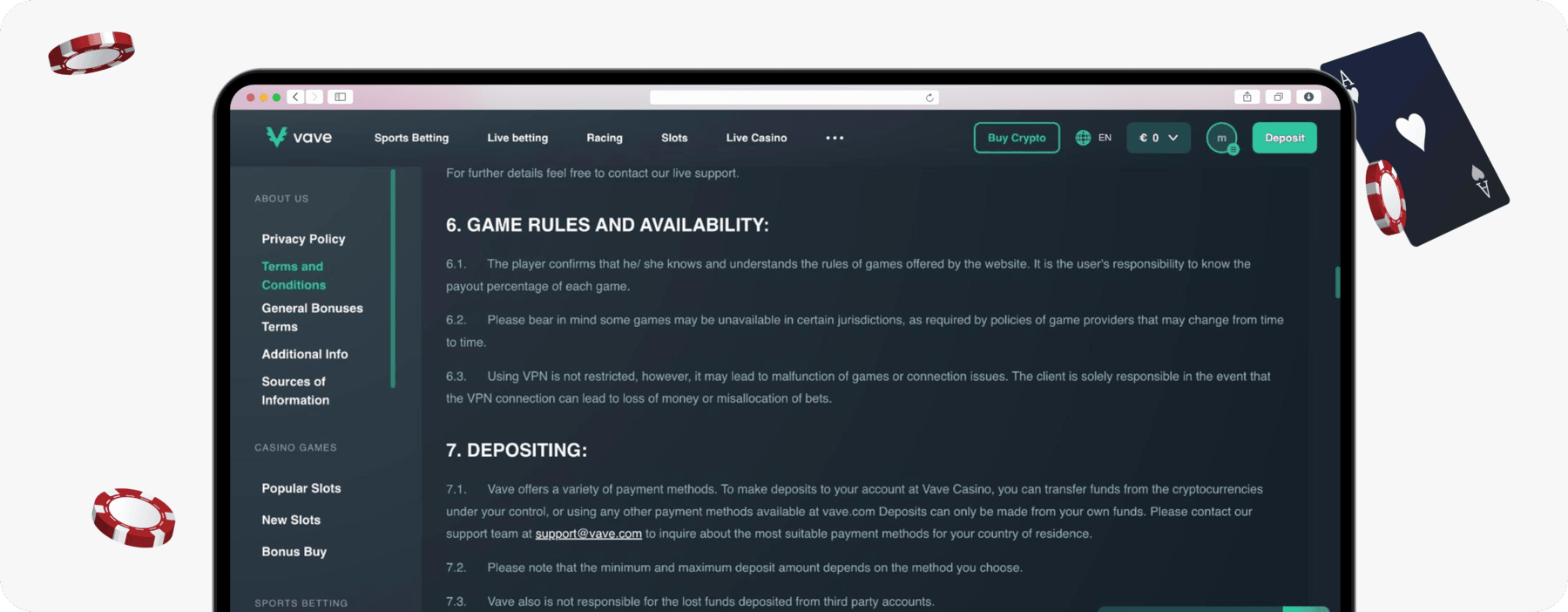 screenshot of vave terms including vpn clause