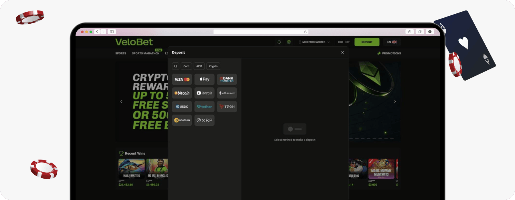 screenshot of velobet deposit methods
