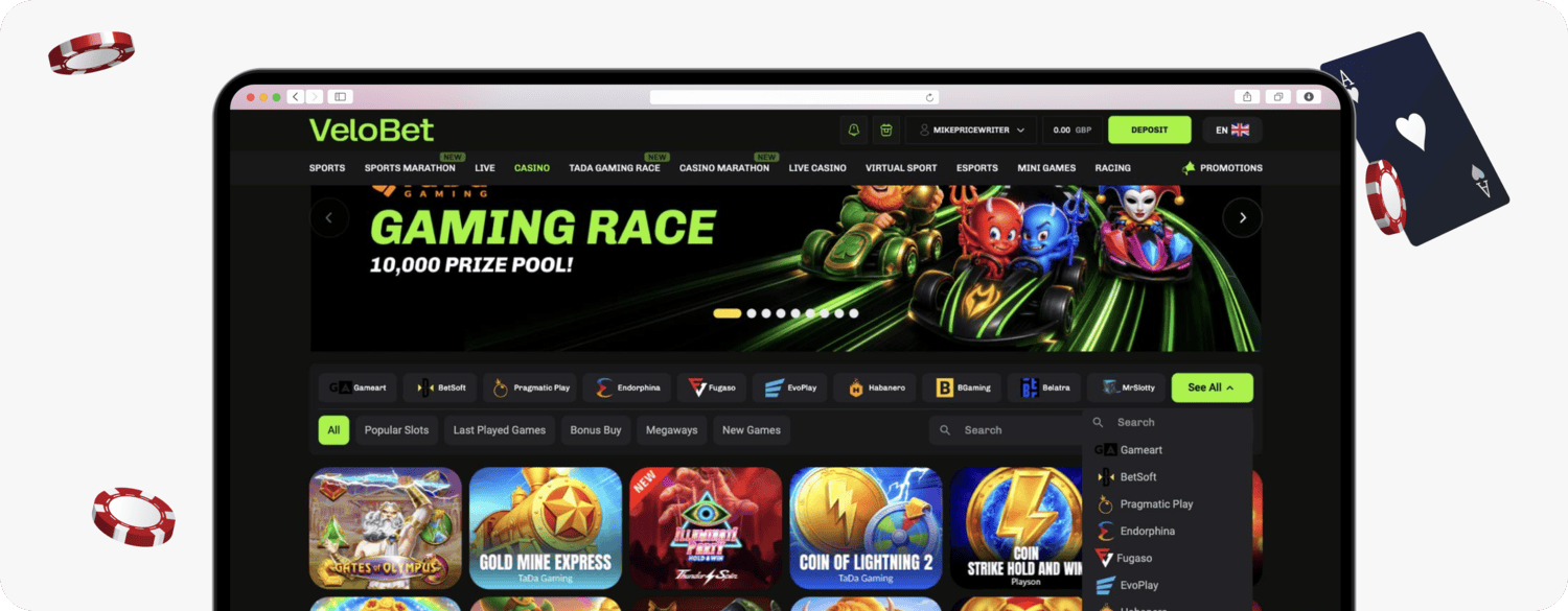 screenshot of velobet game providers