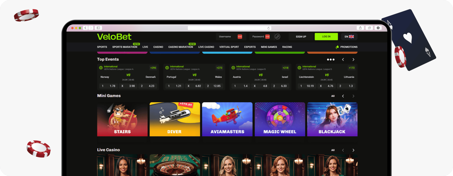 screenshot of velobet homepage