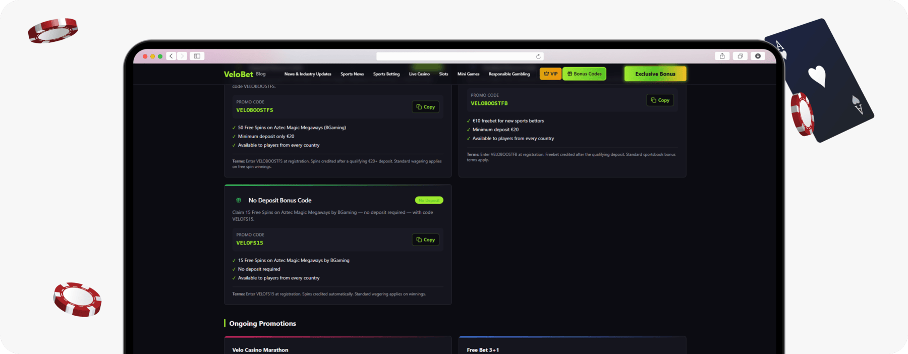 screenshot of velobet deposit bonus code