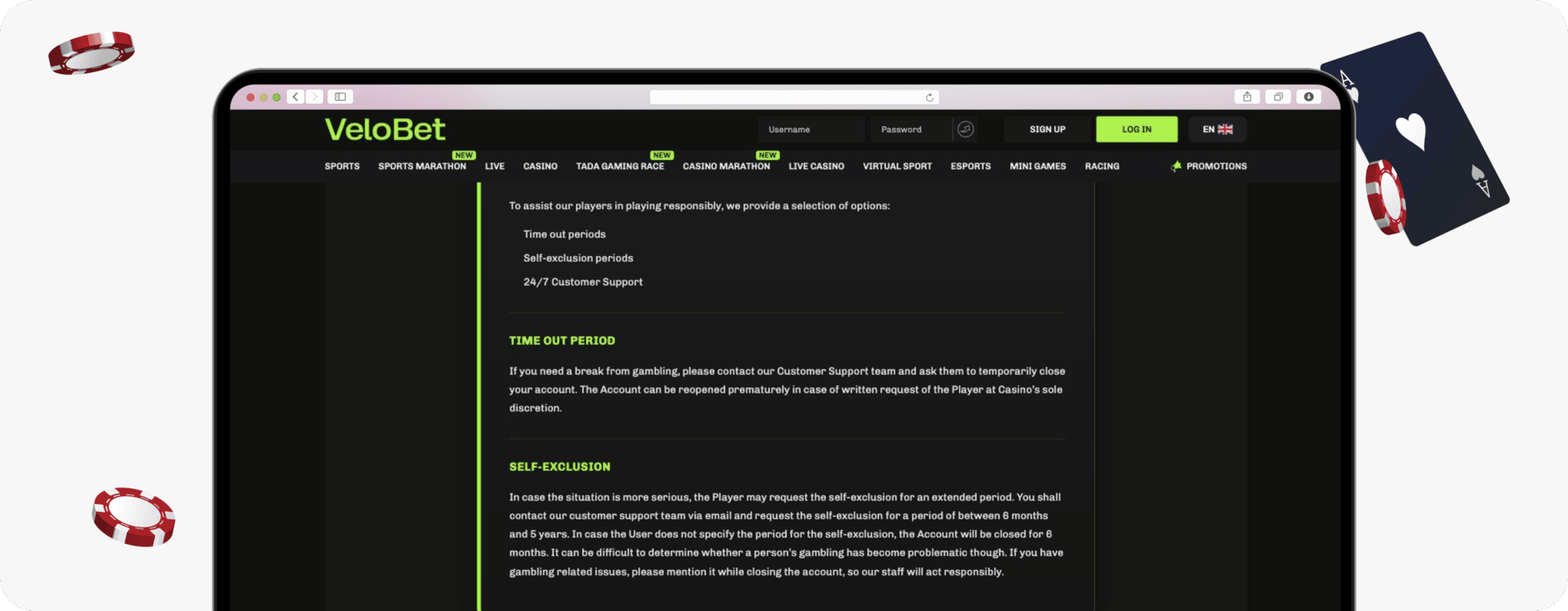 screenshot of velobet self exclusion details