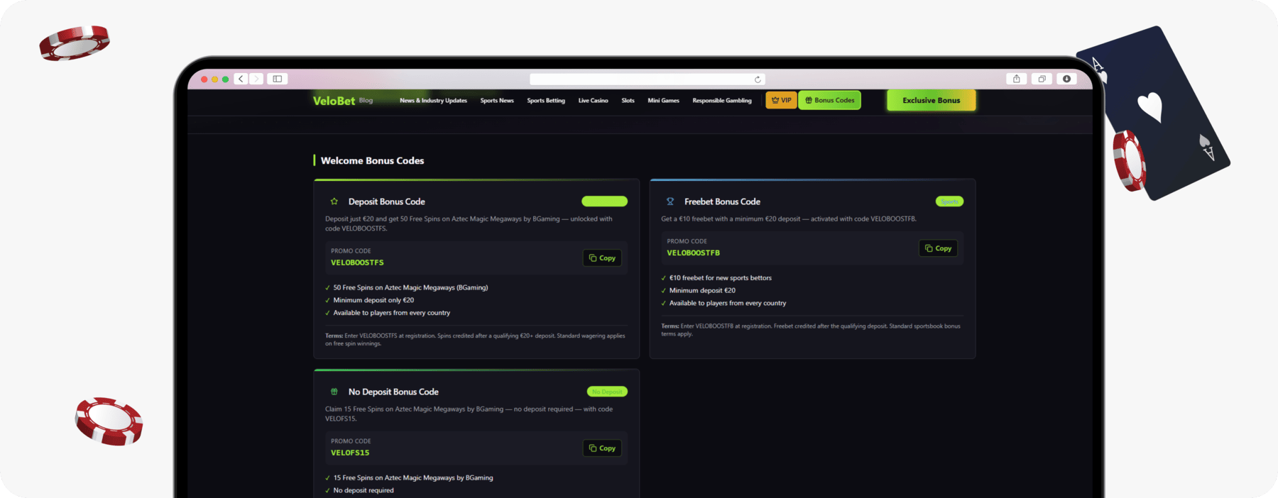 screenshot of velobet welcome bonus codes