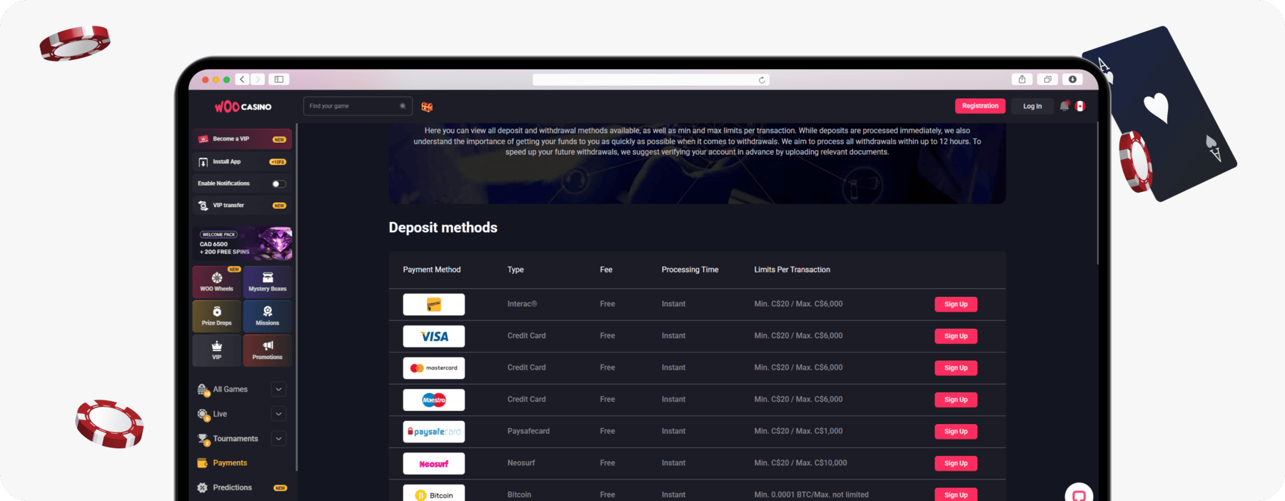 screenshot of woo casino deposit methods