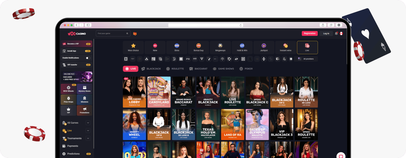 screenshot of woo casino live casino lobby