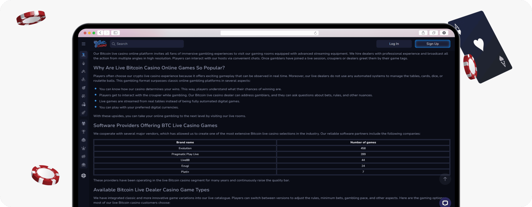 screenshot of 7bit bitcoin live casino software providers