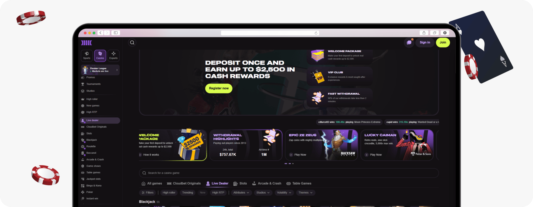 screenshot of cloudbet live dealer casino lobby