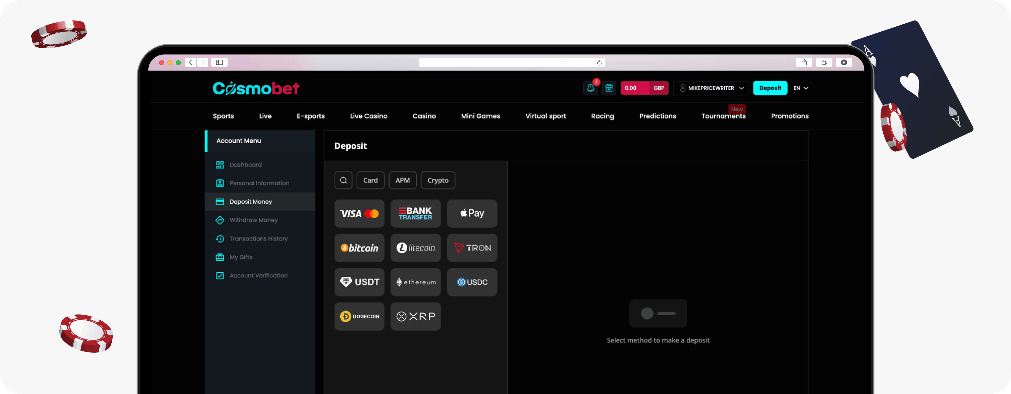 Cosmobet Casino deposit section