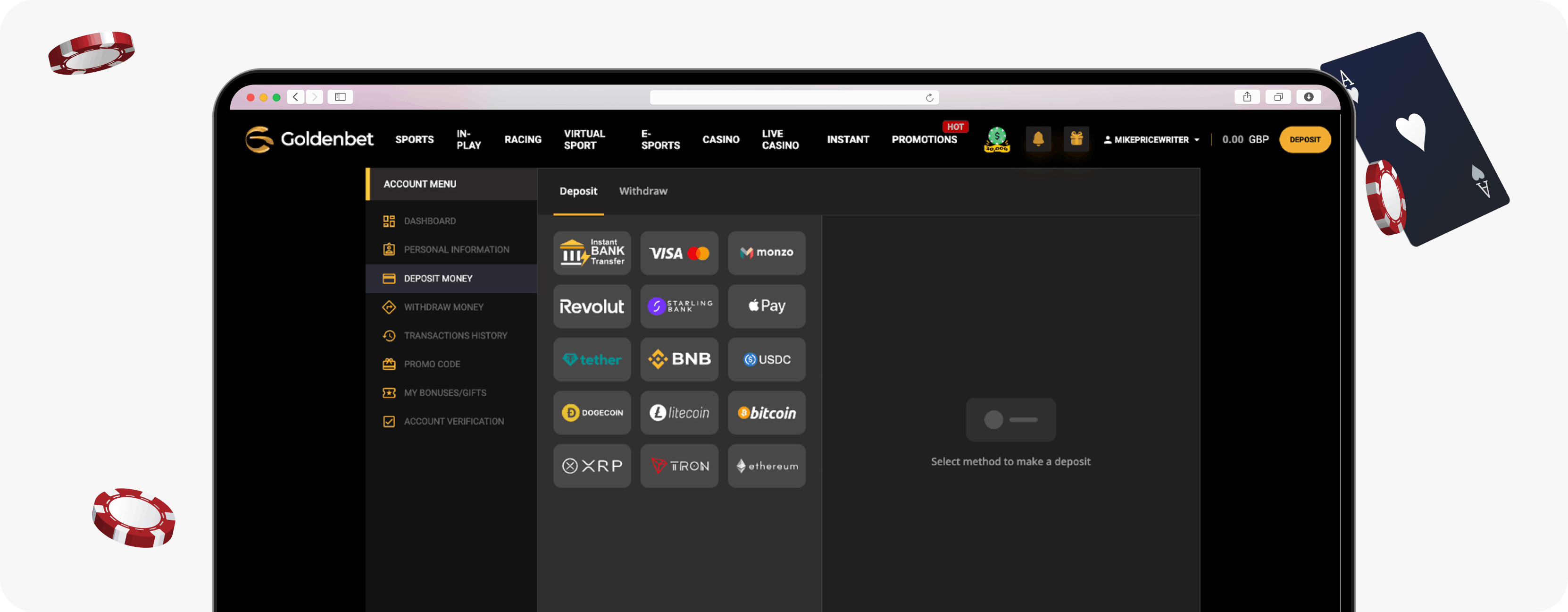 GoldenBet Casino deposit section