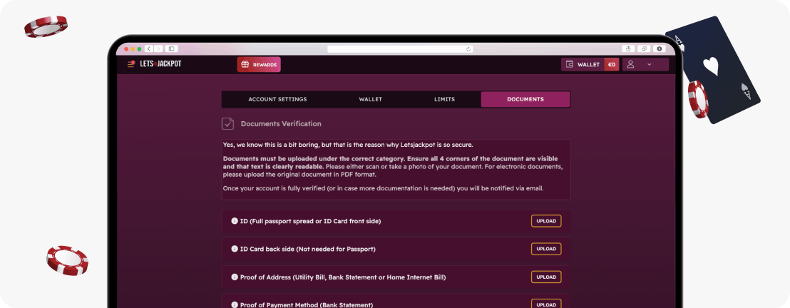 LetsJackpot Casino KYC documents