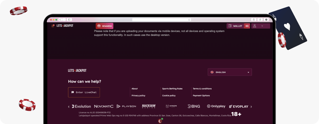 LetsJackpot Casino website footer