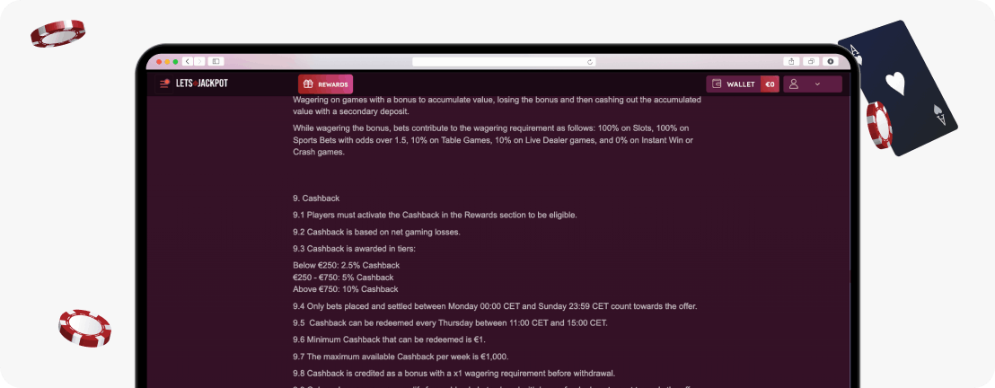 LetsJackpot Casino cashback promo