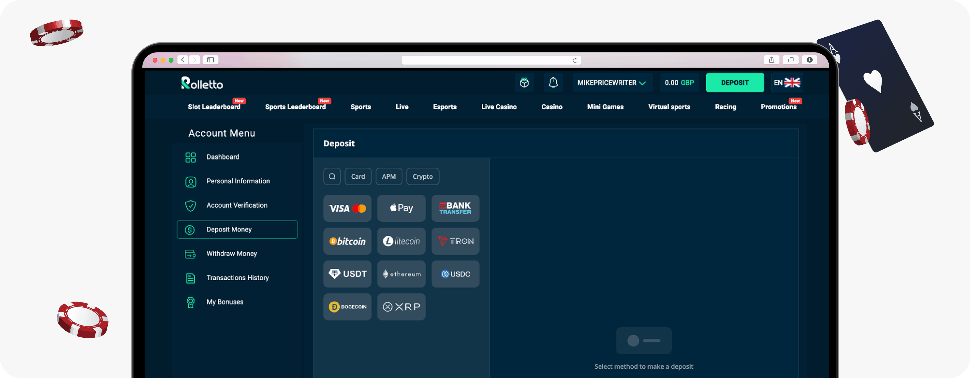 Rolletto Casino deposit section