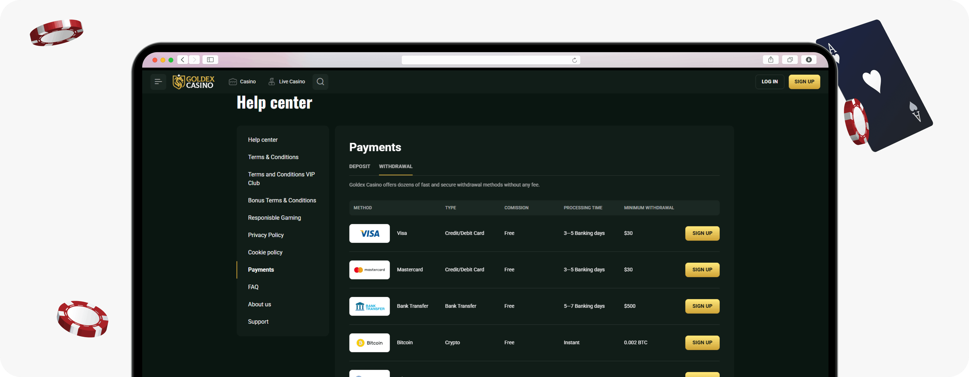 Goldex Casino withdrawal methods