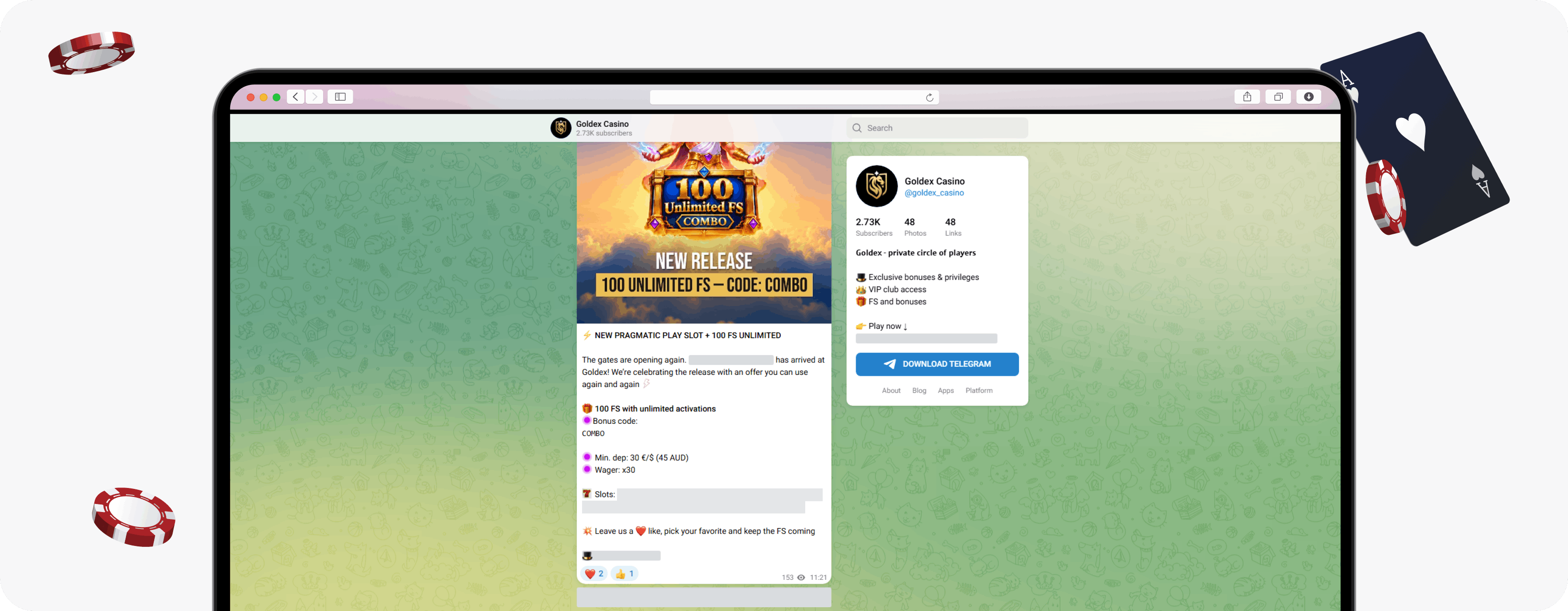 Goldex Casino Telegram post with code COMBO