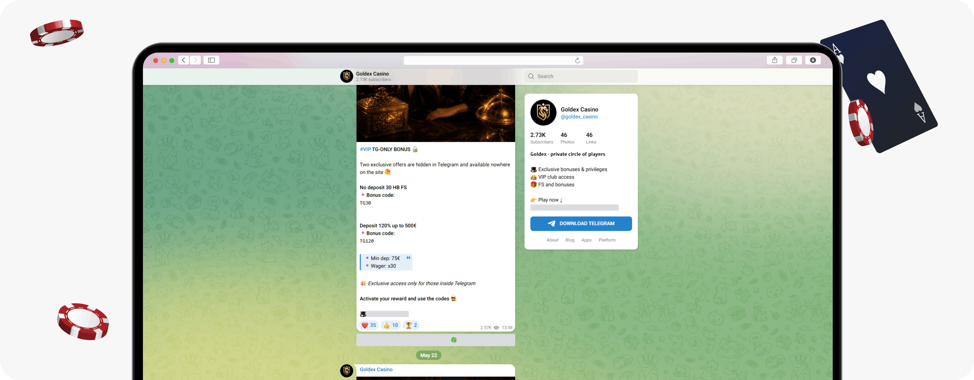 Goldex Casino Telegram post with code TG30