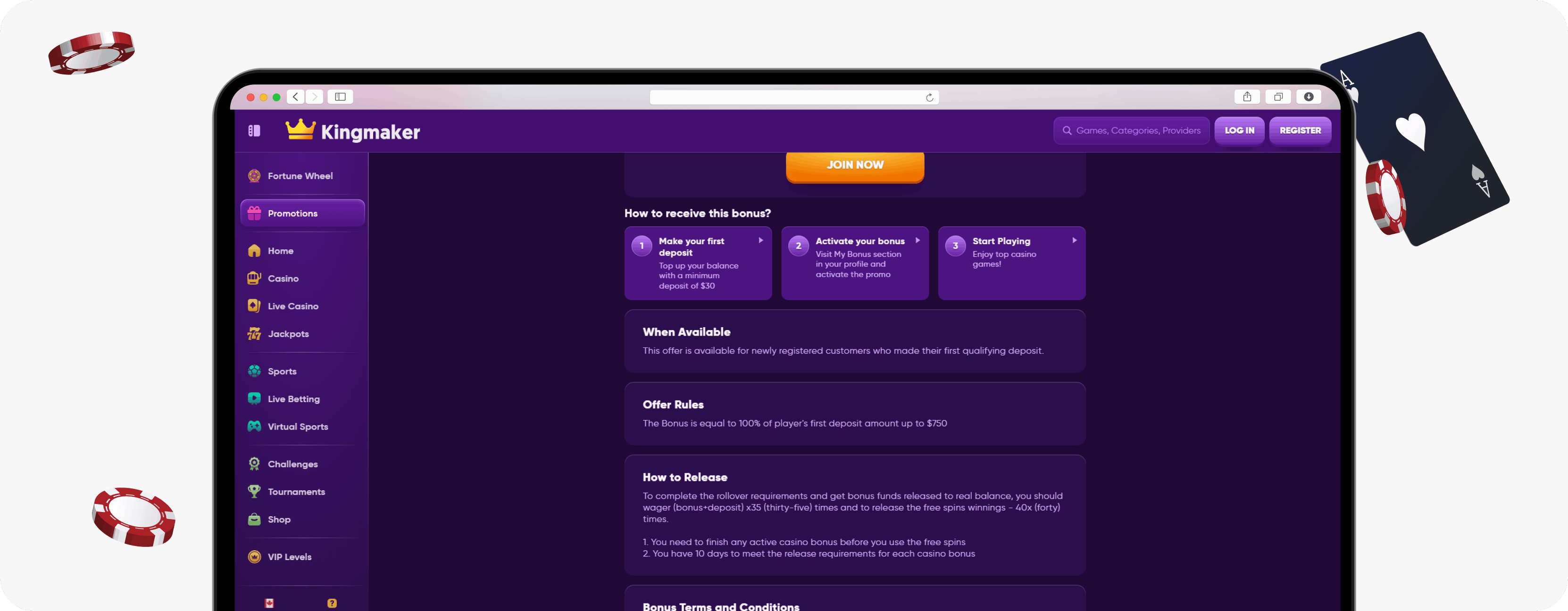 Kingmaker Casino welcome bonus rules
